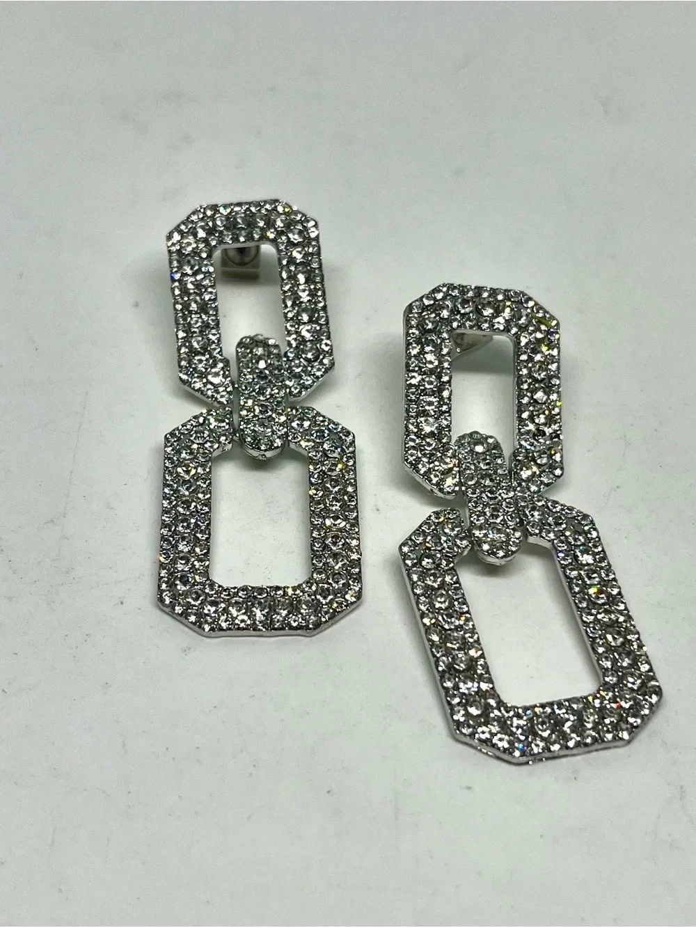 Crystal Link Drop Earrings - Silver Tone